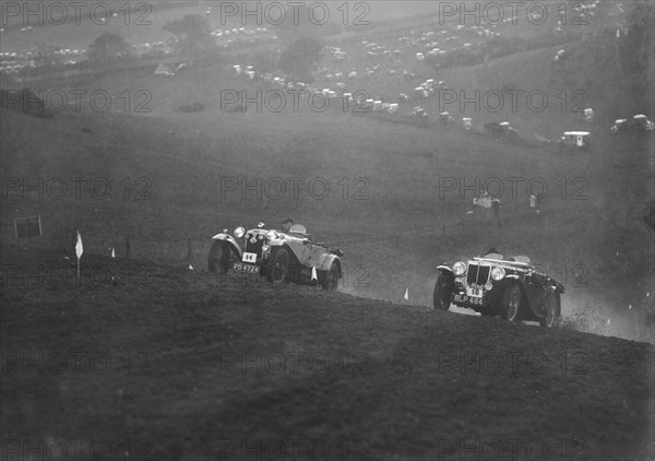 Frazer-Nash and MG NA Magnette competing in the MG Car Club Rushmere Hillclimb, Shropshire, 1935. Artist: Bill Brunell.