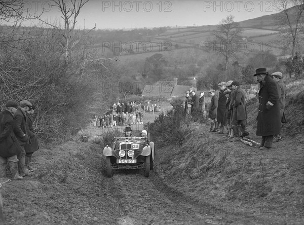 Austin 7 Grasshopper of Alf Langley competing at the MG Car Club Midland Centre Trial, 1938. Artist: Bill Brunell.