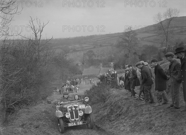 Austin 7 Grasshopper of CD Buckley competing at the MG Car Club Midland Centre Trial, 1938. Artist: Bill Brunell.