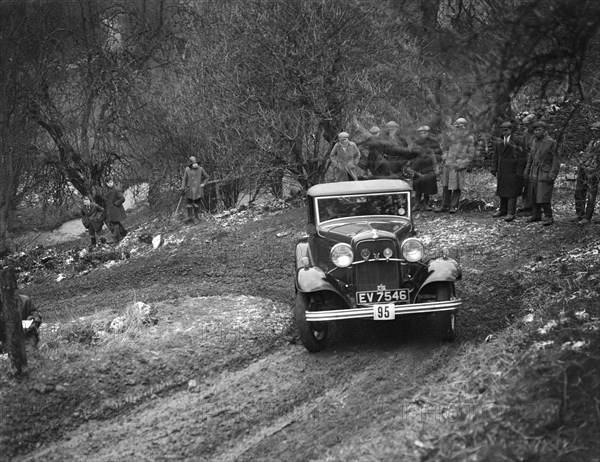 Ford V8 open tourer of H Hillcoat competing in the Sunbac Colmore Trial, Gloucestershire, 1933. Artist: Bill Brunell.