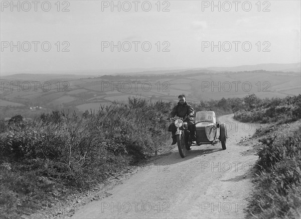 498 cc Coventry Eagle and sidecar of FW Osborne competing in the MCC Torquay Rally, 1938. Artist: Bill Brunell.
