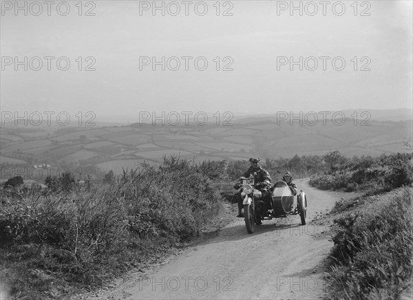 Brough Superior and sidecar of FW Stevenson competing in the MCC Torquay Rally, 1938. Artist: Bill Brunell.