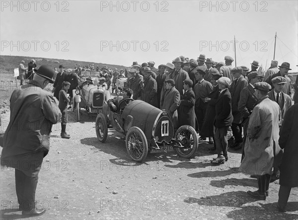 Raymond Mays' Bugatti Brescia and JS Chance's Enfield Allday, Porthcawl Speed Trials, Wales, 1922. Artist: Bill Brunell.
