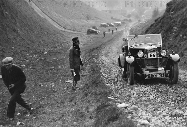 Riley of CJ Johannson competing in the MCC Sporting Trial, Litton Slack, Derbyshire, 1930. Artist: Bill Brunell.