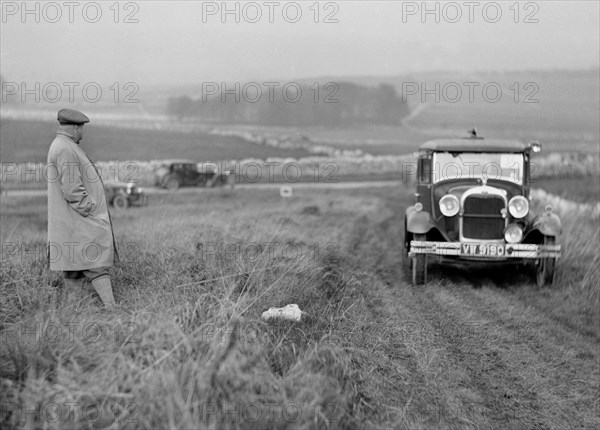 Ford Model A saloon of JW Austin competing in the MCC Sporting Trial, 1930. Artist: Bill Brunell.