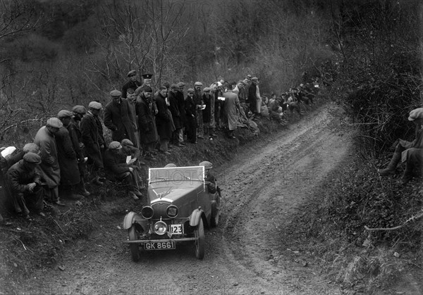 Wolseley Hornet of WR Hancock competing in the MCC Lands End Trial, 1935. Artist: Bill Brunell.