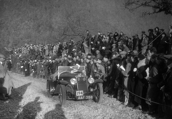 Hillman Aero Minx of RJ Williams competing in the MCC Lands End Trial, Beggars Roost, Devon, 1936. Artist: Bill Brunell.