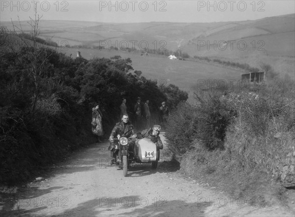 990 cc AJS and sidecar of M Laidlaw at the MCC Lands End Trial, Beggars Roost, Devon, 1936. Artist: Bill Brunell.