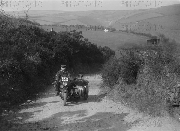 499 cc Rudge-Whitworth and sidecar of E Travers, MCC Lands End Trial, Beggars Roost, Devon, 1936. Artist: Bill Brunell.