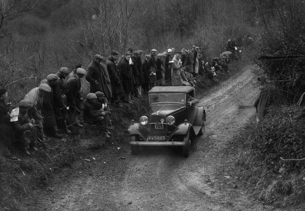 Ford V8 of DJC Palmer competing in the MCC Lands End Trial, 1935. Artist: Bill Brunell.