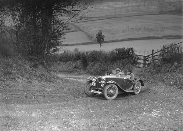 MG J2 of AJ Milburn competing in the MG Car Club Midland Centre Trial, 1938. Artist: Bill Brunell.