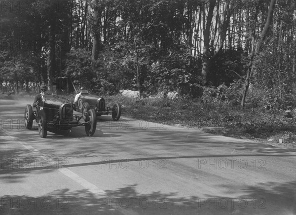 Bugattis of Jock Leith and Teddy Rayson racing at Donington Park, Leicestershire, 1935. Artist: Bill Brunell.