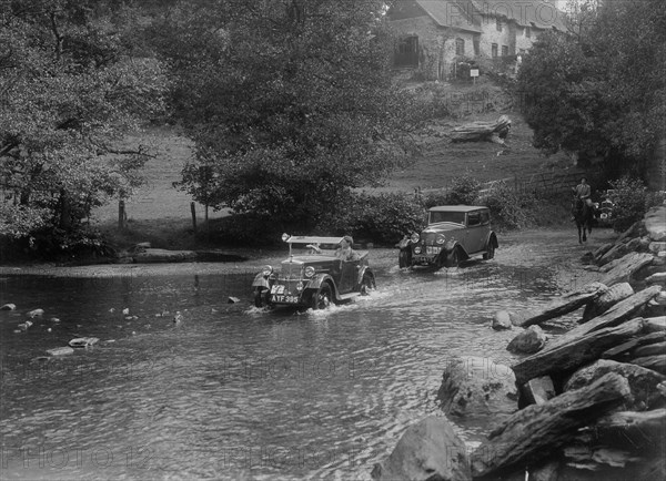 Morris Minor and officials' Riley Monaco, Mid Surrey AC Trial, Tarr Steps, Exmoor, Somerset, 1934. Artist: Bill Brunell.