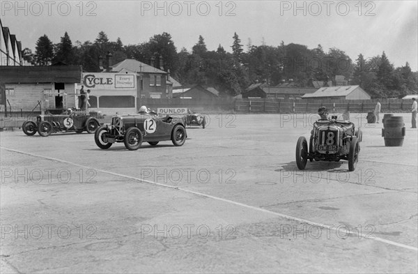 Frazer-Nash, Wolseley Hornet and Riley 9 Brooklands, BARC meeting, Brooklands, Surrey, 1933. Artist: Bill Brunell.