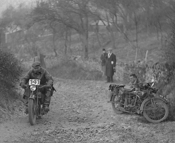 Motorcycle taking part in a trial, c1930s. Artist: Bill Brunell.