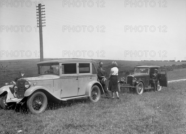 Wolseley Hornet of JW Whalley and Kitty Brunell's Bianchi saloon, B&HMC Brighton Motor Rally, 1930. Artist: Bill Brunell.