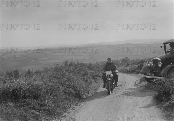 Ariel motorcycle competing in the MCC Torquay Rally, 1938. Artist: Bill Brunell.