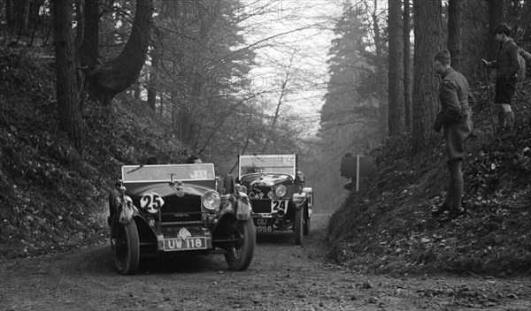 SD Marr's Tracta open sports and R Peaty's Singer open 4-seater at the JCC Half-Day Trial, 1930. Artist: Bill Brunell.