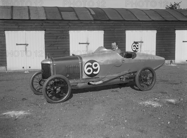 GC Stead in his AC 5 at the JCC 200 Mile Race, Brooklands, Surrey, 1921. Artist: Bill Brunell.