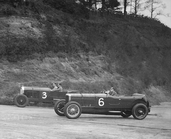 Sunbeam of BO Davis and Bentley of Major H Butler racing at a BARC meeting, Brooklands, 1930. Artist: Bill Brunell.