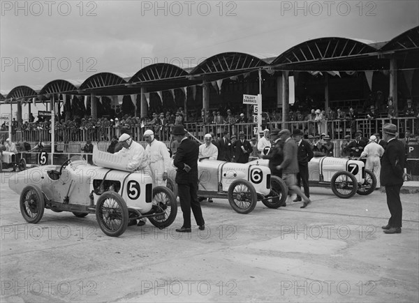 Three Talbot-Darracqs at the JCC 200 Mile Race, Brooklands, 1922. Artist: Bill Brunell.