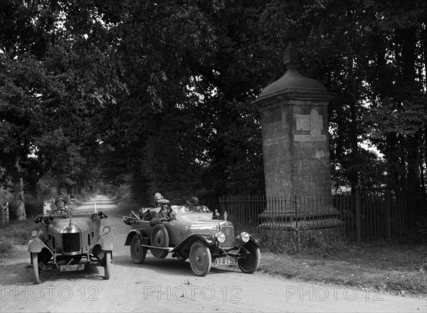 Calthorpe and Morris passing the Four Shire Stone, near Broadway, Worcestershire, c1920s. Artist: Bill Brunell.