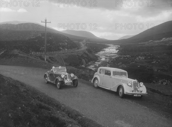 Frazer-Nash BMW 319/55 of E Violet Watson passing Bill Brunell's Standard, Scottish Rally, 1938. Artist: Bill Brunell.