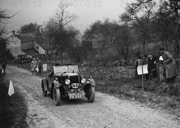 Riley open 4-seater tourer of Hugh Hunter competing in the NWLMC London-Gloucester Trial, 1931. Artist: Bill Brunell.