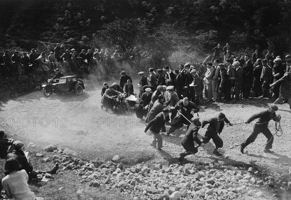 Brough Superior and sidecar of W Allan competing in the MCC Edinburgh Trial, 1930. Artist: Bill Brunell.