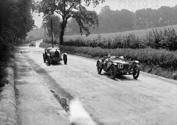 Riley 9 Brooklands of E Maclure and Bugatti Type 43 of JF Field, RAC TT, Ards Circuit, Belfast, 1929 Artist: Bill Brunell.