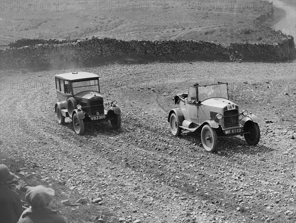 Trojan saloon and tourer competing in the MCC Edinburgh Trial, 1929. Artist: Bill Brunell.