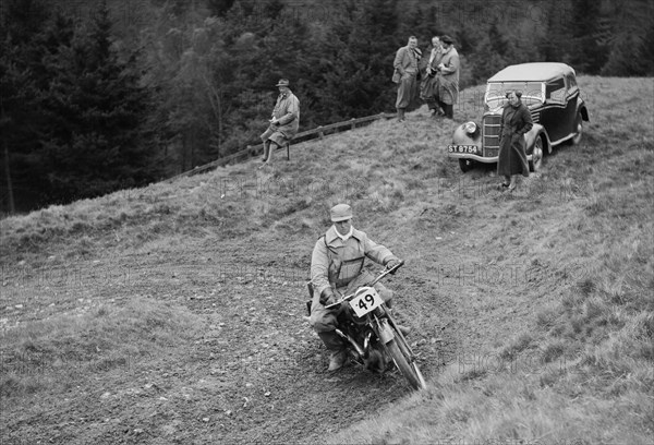 347 cc Ariel of F Gooding competing in the MCC Edinburgh Trial, Roxburghshire, Scotland, 1938. Artist: Bill Brunell.