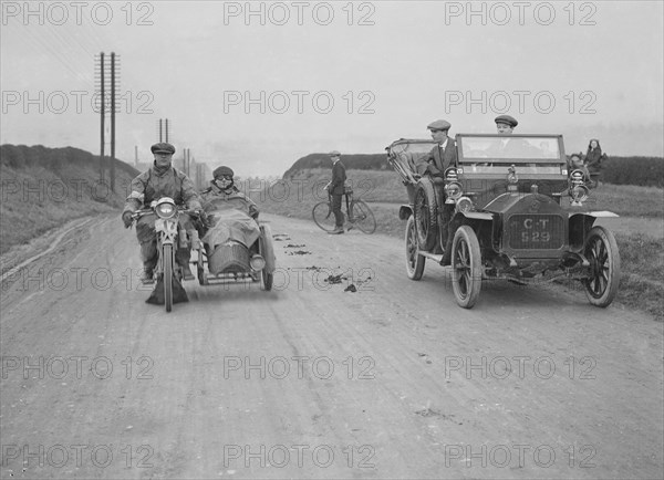 Right: Darracq Vehicle Reg. No.  CT529. . Left: Unidentified motorcycle Artist: Bill Brunell.