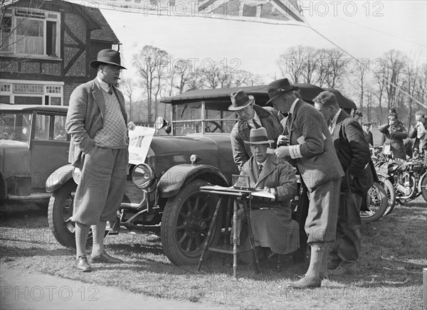 Surbiton Motor Club motorcycle trial, Talbot Hotel, Ripley, Surrey, c1930.   Artist: Bill Brunell.