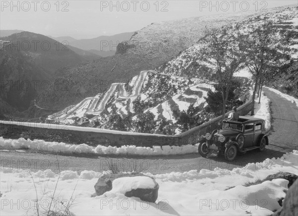 Kitty Brunell's Talbot 14/45 saloon at the Monte Carlo Rally, 1930. Artist: Bill Brunell.