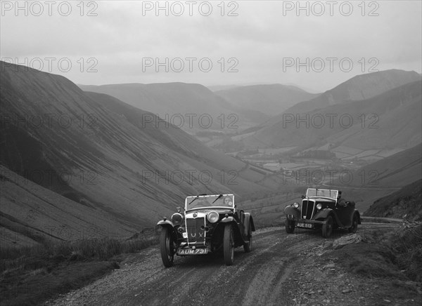 MG PA and Morris 8 tourer competing in the MG Car Club Abingdon Trial/Rally, 1939. Artist: Bill Brunell.