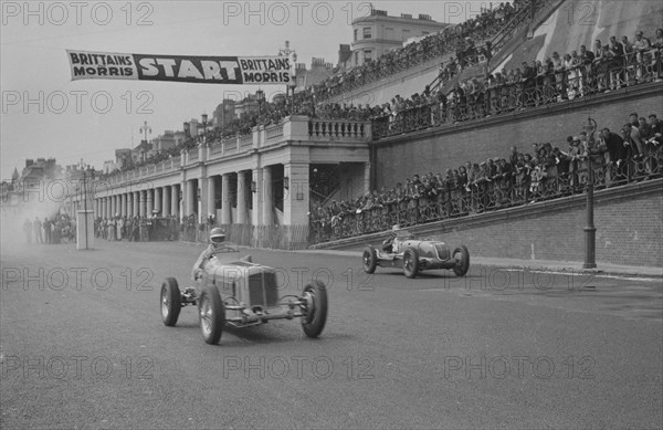 ERA of Earl Howe and Alta of CK Mortimer competing in the Brighton Speed Trials, 1938. Artist: Bill Brunell.