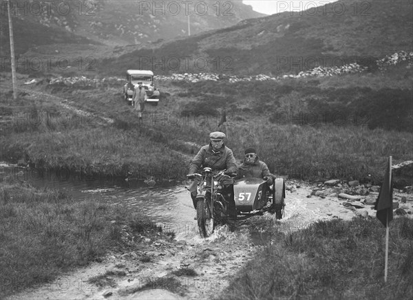 493 cc Triumph and sidecar of HS Perry competing in E&DMC Scottish 6 Days Trial, 1933.. Artist: Bill Brunell.
