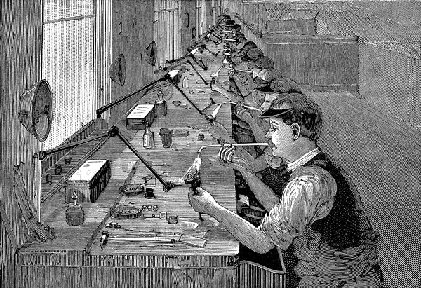 Soldering bicycle parts in an American factory, c1900. Artist: Unknown