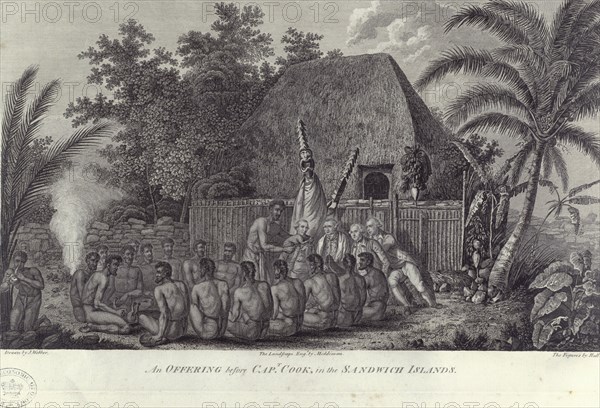 Natives of the Sandwich Islands, Hawaii, slaughtering swine before Captain Cook, c1778. Artist: Unknown