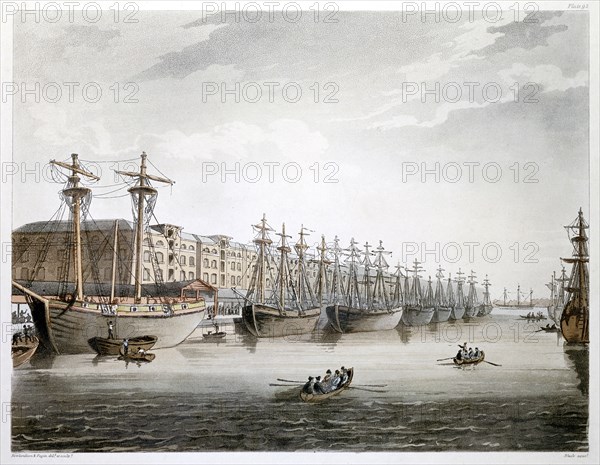 West India Docks, London, 1808-1810. Artist: Augustus Charles Pugin