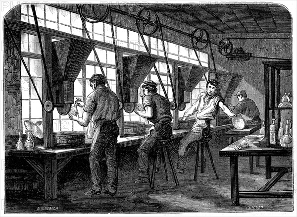 Glass cutters at their wheels, c1870. Artist: Unknown