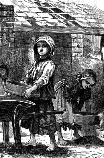 Barefoot girls sifting dust in a brickyard, 1871. Artist: Unknown