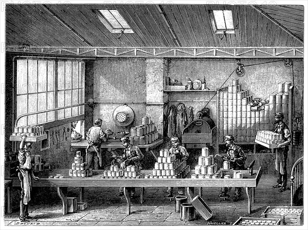 Filling and soldering cans of food, France, c1870. Artist: Unknown