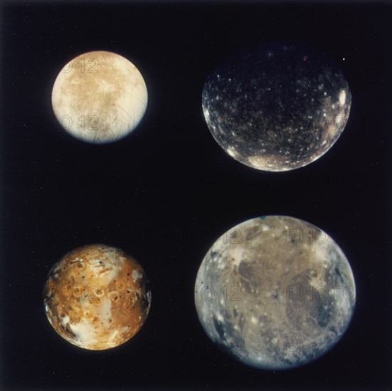 Four moons of Jupiter, Io, Europa, Ganymede and Callisto, 1979. Artist: Unknown