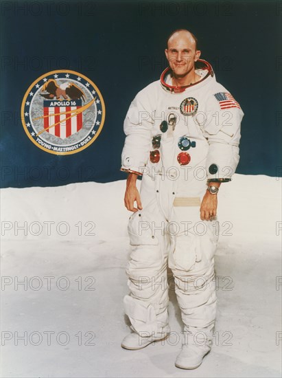 Apollo 16 astronaut Thomas Mattingly in spacesuit, 1971. Artist: Unknown