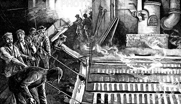 Tapping a blast furnace and casting iron into pigs, c1900. Artist: Anon