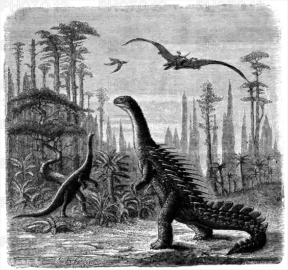 Ideal Jurassic landscape in America, 1884. Artist: Othniel Charles Marsh