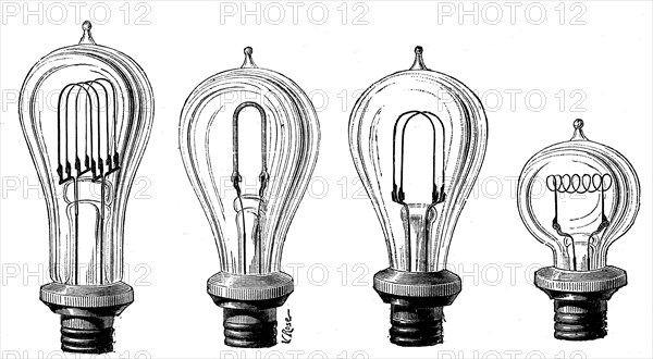 Edison's incandescent lamps showing various forms of carbon filament, 1883. Artist: Unknown