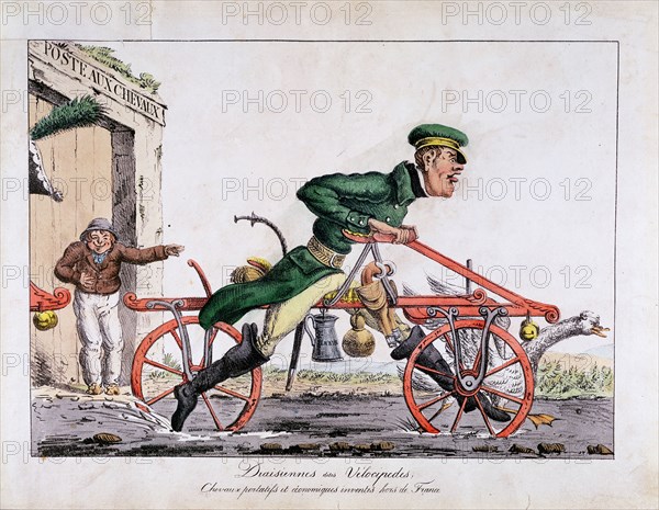 Draisienne or velocipede shown replacing horses in the French post service, 1818. Artist: Unknown